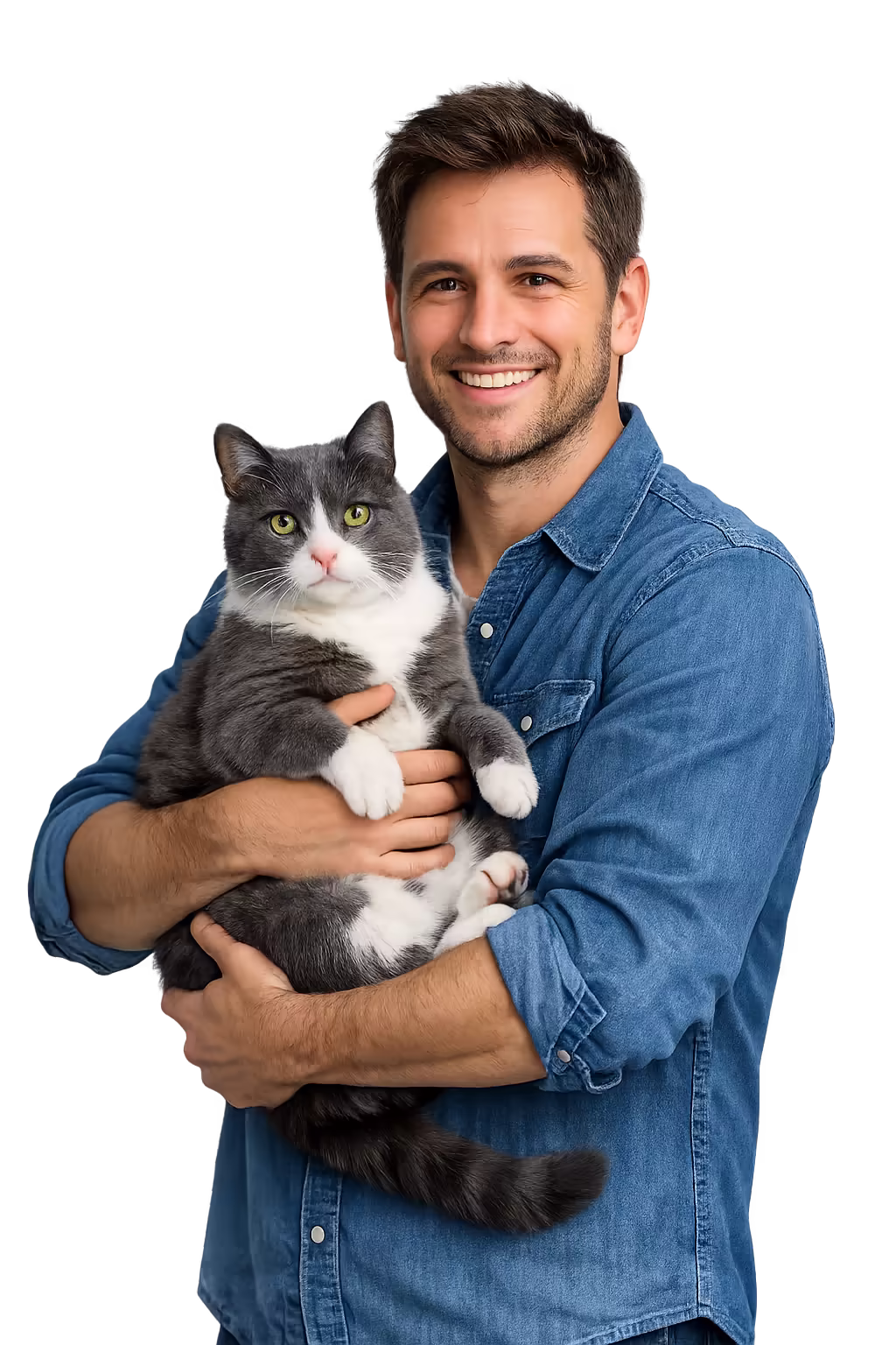 Dono com seu gato em frente à loja Bark & Bubbles